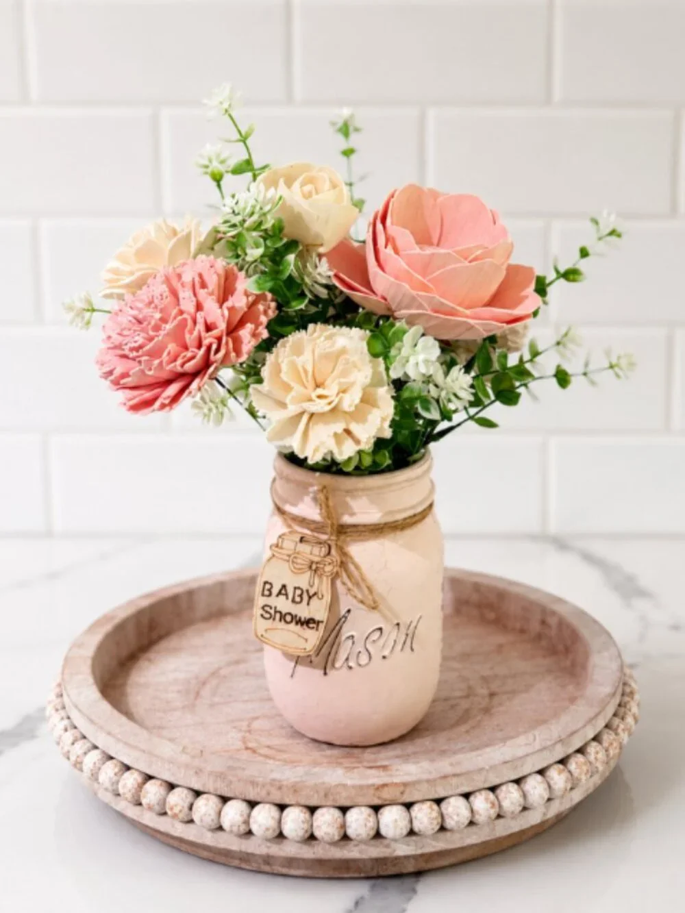 Pink Sola Wood Floral Arrangement in Mason Jar Baby Shower Nursery Decor Gift